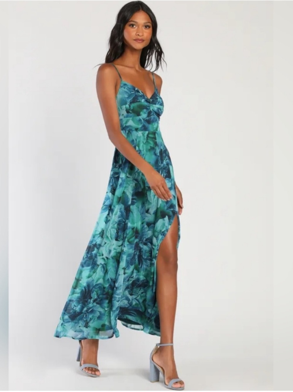 Lulu’s Beautiful Soul Teal Green Floral Print Twist-Front Maxi Dress M Medium - Picture 3 of 12
